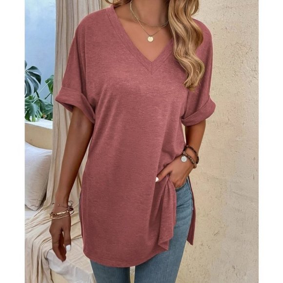 dusty pink Cozy Casual V-neck Side Slit Oversized Top - Picture 1 of 8